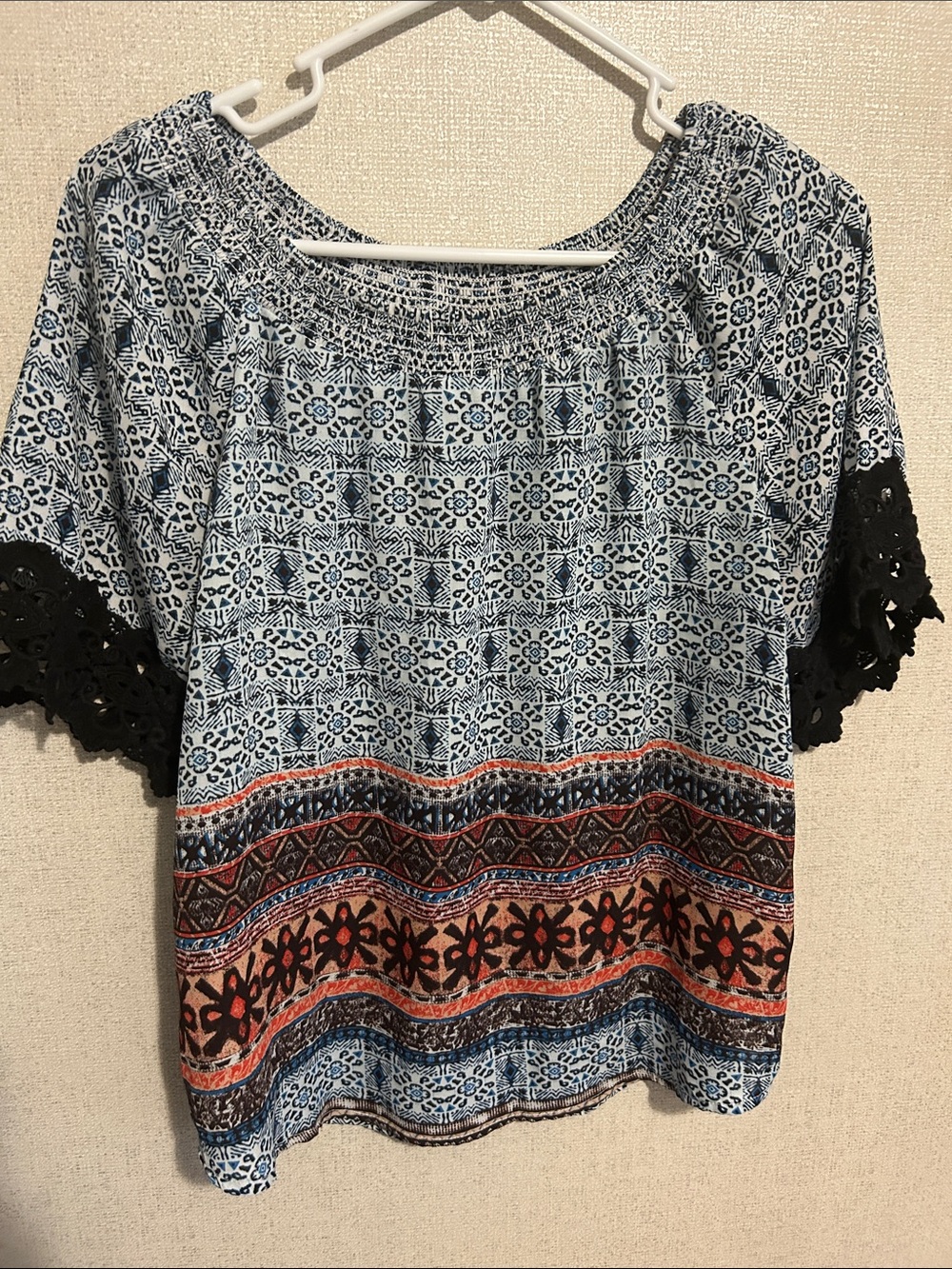 Red Camel Blue and Orange Patterned Boho Blouse